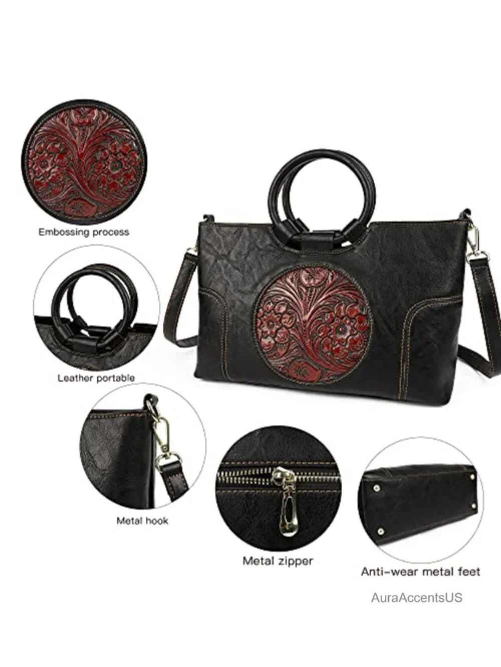 Vintage PU Leather Satchel Top-Handle Tote Bag with Detachable Strap for Women